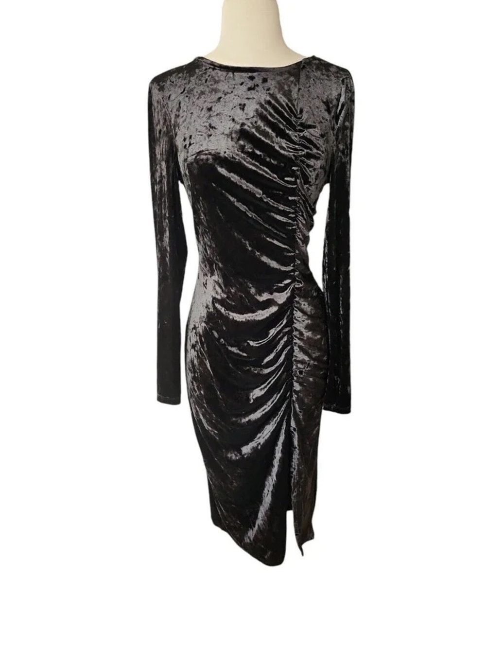 Long-Sleeve Black Velvet Ruched Midi Dress